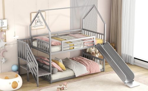 House Shape Twin Over Twin Metal Bunk Bed With Slide And Staircase