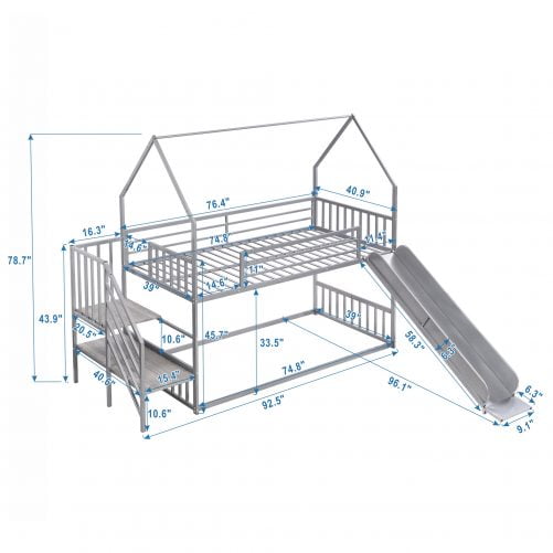 House Shape Twin Over Twin Metal Bunk Bed With Slide And Staircase