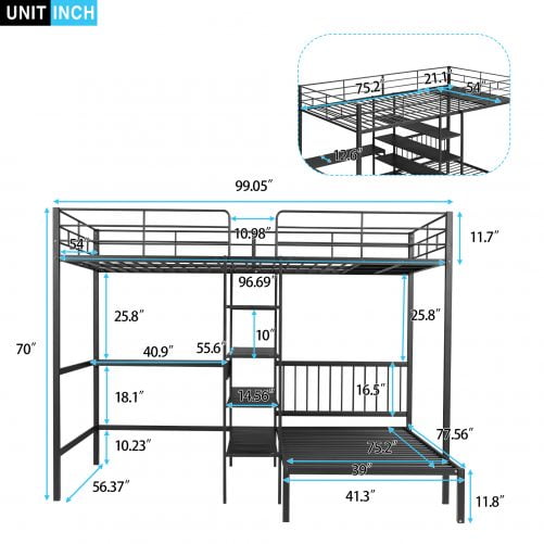 Metal Full Over Twin Bunk Bed With Built-in Desk, Shelves And Ladder