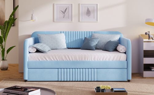 Upholstered Twin Size Sofa Bed With Trundle Bed And Wood Slat