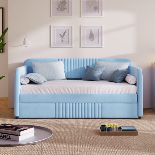 Upholstered Twin Size Sofa Bed With Trundle Bed And Wood Slat