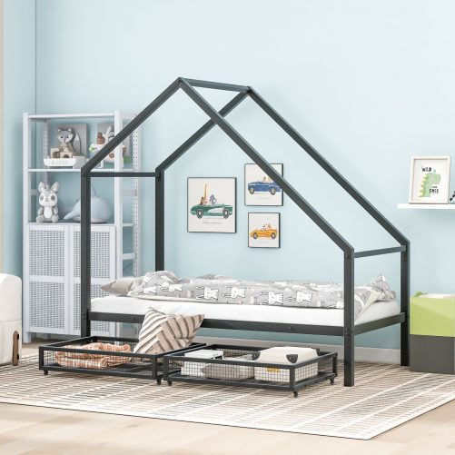 Twin Size Metal House Bed With Two Storage Drawers