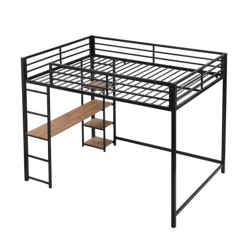 Full Size Metal Loft Bed with Built-in Desk and Storage Shelves