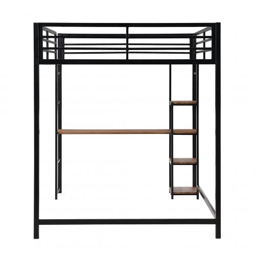 Full Size Metal Loft Bed with Built-in Desk and Storage Shelves