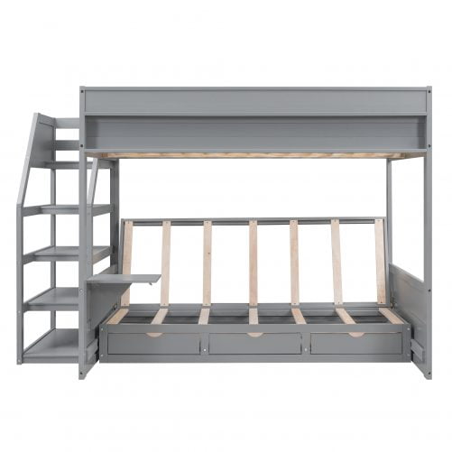 Wood Full Size Convertible Bunk Bed with Storage Staircase, Bedside Table, and 3 Drawers