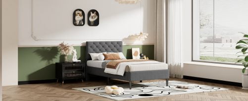 Twin Size Upholstered Linen Platform Bed