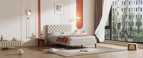 Full Size Upholstered Linen Platform Bed