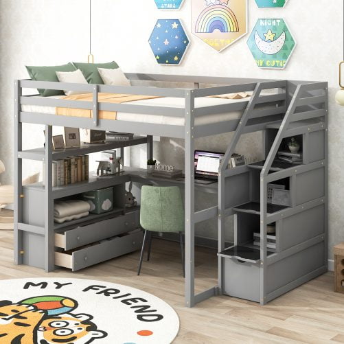 Full Size Loft Bed With Desk And Shelves, Two Built-in Drawers, Storage Staircase