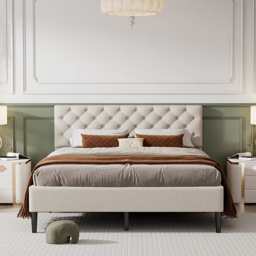 Queen Size Upholstered Linen Platform Bed