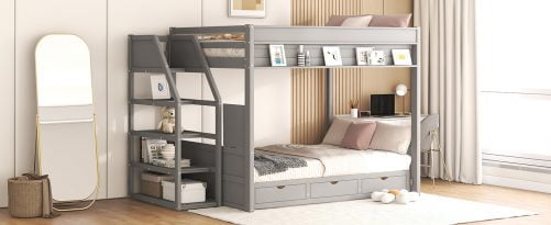Wood Full Size Convertible Bunk Bed with Storage Staircase, Bedside Table, and 3 Drawers