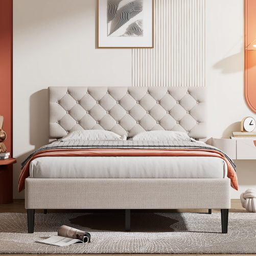 Full Size Upholstered Linen Platform Bed