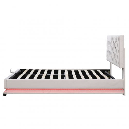 Queen Size Storage Upholstered Platform Bed With Adjustable Tufted Headboard And Led Light