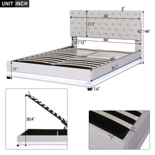 Queen Size Storage Upholstered Platform Bed With Adjustable Tufted Headboard And Led Light