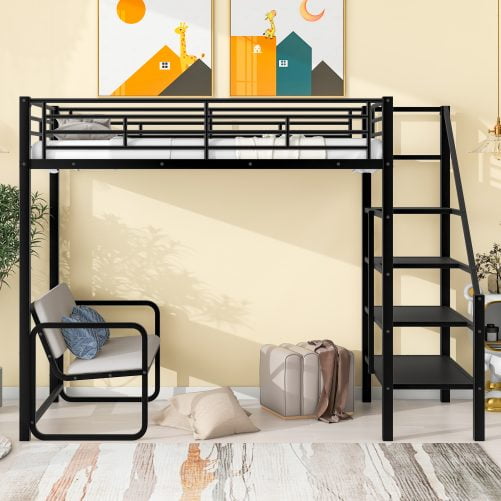 Twin Size Metal Loft Bed With Bench And Storage Staircase