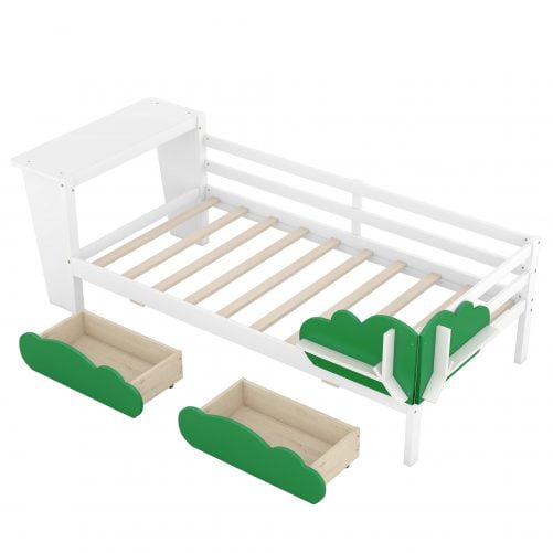 Twin Size Daybed With Desk, Green Leaf Shape Drawers And Shelves
