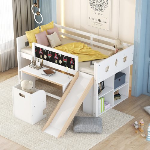 Wood Twin Size Loft Bed With Slide, Cabinets, Blackboard, Desk And Chair
