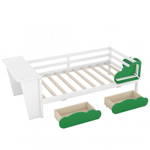 Twin Size Daybed With Desk, Green Leaf Shape Drawers And Shelves