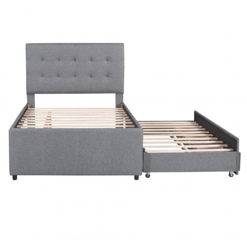 Full Size Upholstered Platform Bed with Pull-out Twin Size Trundle and 3 Drawers