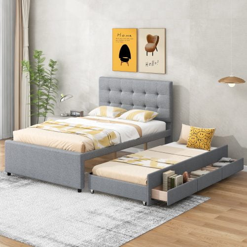 Full Size Upholstered Platform Bed with Pull-out Twin Size Trundle and 3 Drawers
