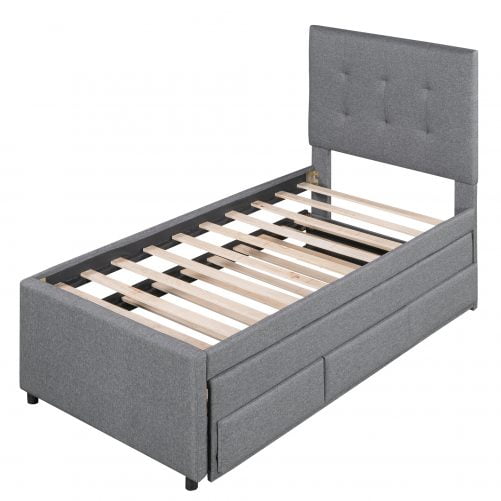 Twin Size Upholstered Platform Bed With Pull-out Twin Size Trundle And 3 Drawers