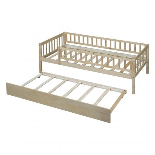 Wood Twin Size Daybed With Trundle And Fence Guardrails