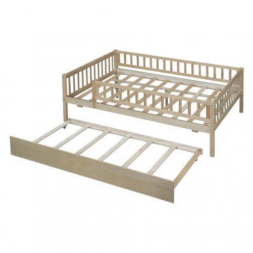 Wood Full Size Daybed With Trundle And Fence Guardrails