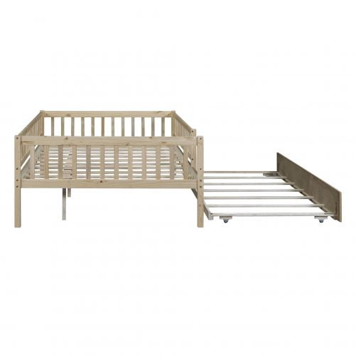 Wood Full Size Daybed With Trundle And Fence Guardrails