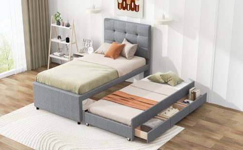 Twin Size Upholstered Platform Bed With Pull-out Twin Size Trundle And 3 Drawers