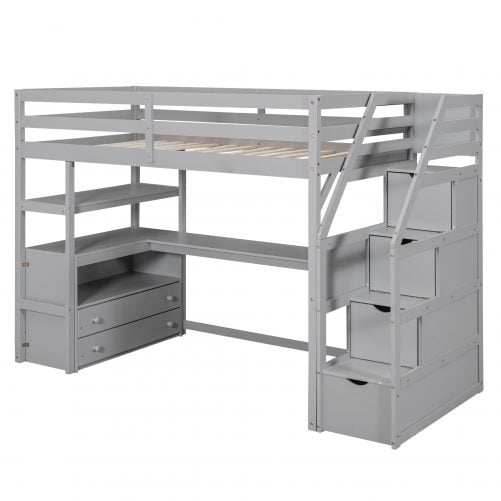Twin Size Loft Bed With Desk And Shelves, Two Built-in Drawers, Storage Staircase