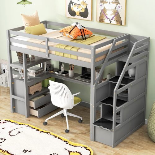 Twin Size Loft Bed With Desk And Shelves, Two Built-in Drawers, Storage Staircase