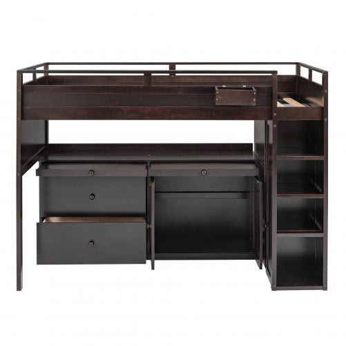 Wooden Twin Size Loft Bed With Rolling Cabinet And Desk