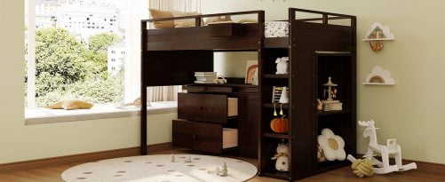 Wooden Twin Size Loft Bed With Rolling Cabinet And Desk