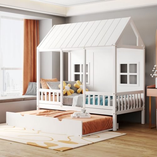 Wood Twin Size House Bed With Rails and Twin Size Trundle