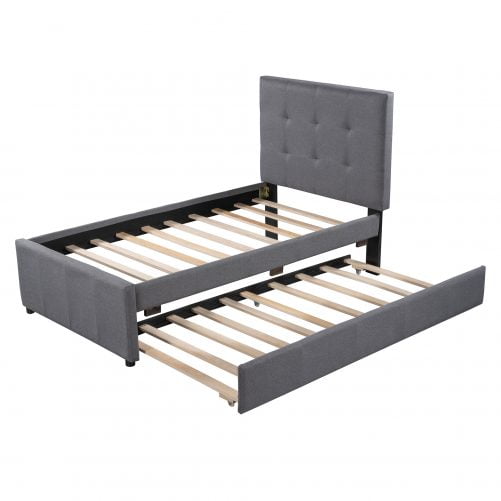 Linen Upholstered Platform Bed With Headboard And Trundle, Twin Size