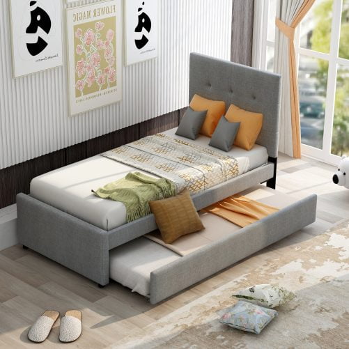Linen Upholstered Platform Bed With Headboard And Trundle, Twin Size