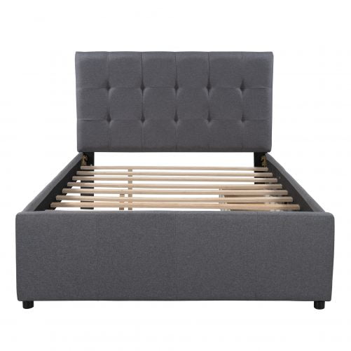 Linen Upholstered Platform Bed With Headboard And Two Drawers, Full Size