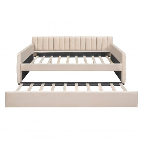 Full Size Upholstered Daybed With Trundle And Wood Slat Support