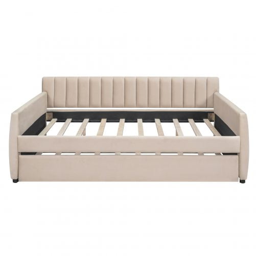 Full Size Upholstered Daybed With Trundle And Wood Slat Support