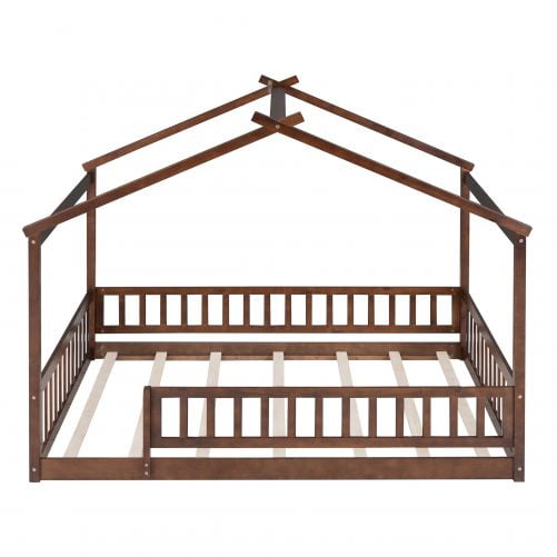 Wooden Full Size House Bed Frame With Fence