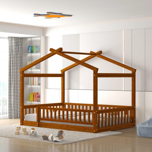 Wooden Full Size House Bed Frame With Fence