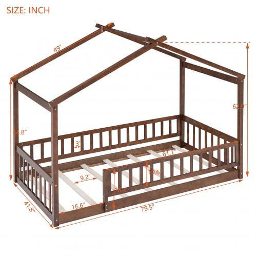 Wooden Twin Size House Bed Frame With Fence