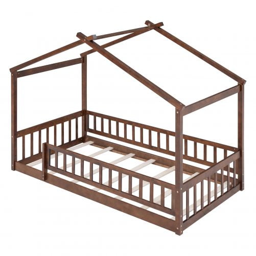 Wooden Twin Size House Bed Frame With Fence
