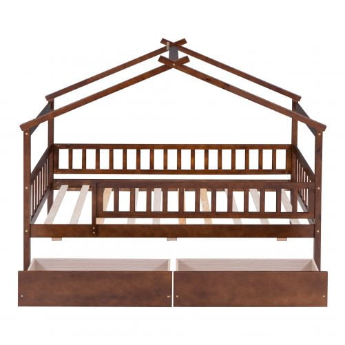 Wooden Twin Size House Bed With Two Drawers