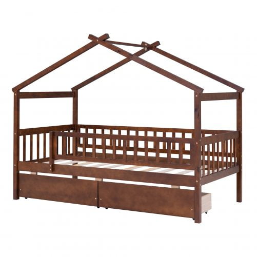 Wooden Twin Size House Bed With Two Drawers