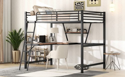 Metal & MDF Full Size Loft Bed With Desk And Shelf