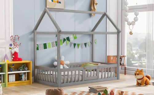 Wood Twin Size House Bed With Fence And Door