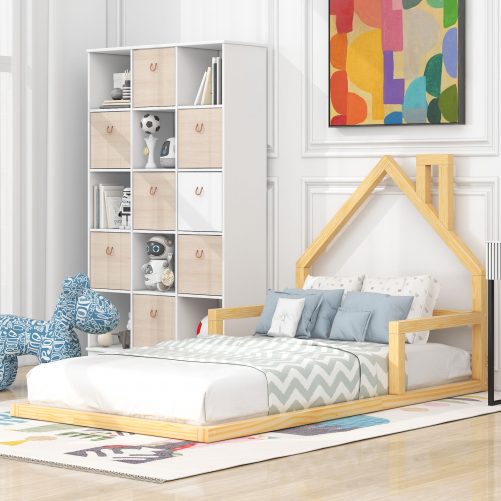Wood Twin Size Floor Bed With House-Shaped Headboard
