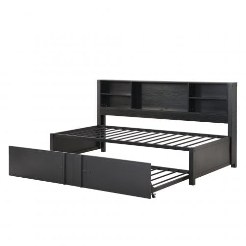 Twin Size Daybed with Twin Size Trundle, Storage Shelves and USB Ports