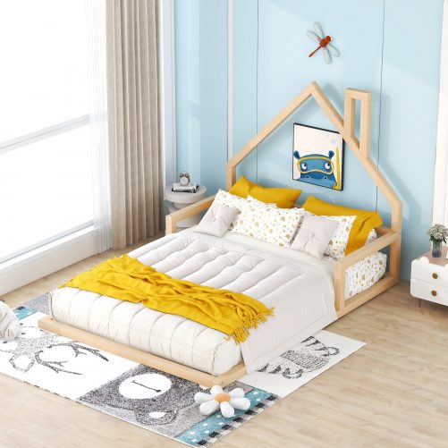 Wood Full Size Floor Bed With House-Shaped Headboard