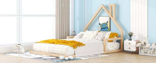 Wood Full Size Floor Bed With House-Shaped Headboard